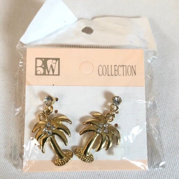 Palm Tree Earrings with Rhinestones Gold Tone NOC - Picture 1 of 5